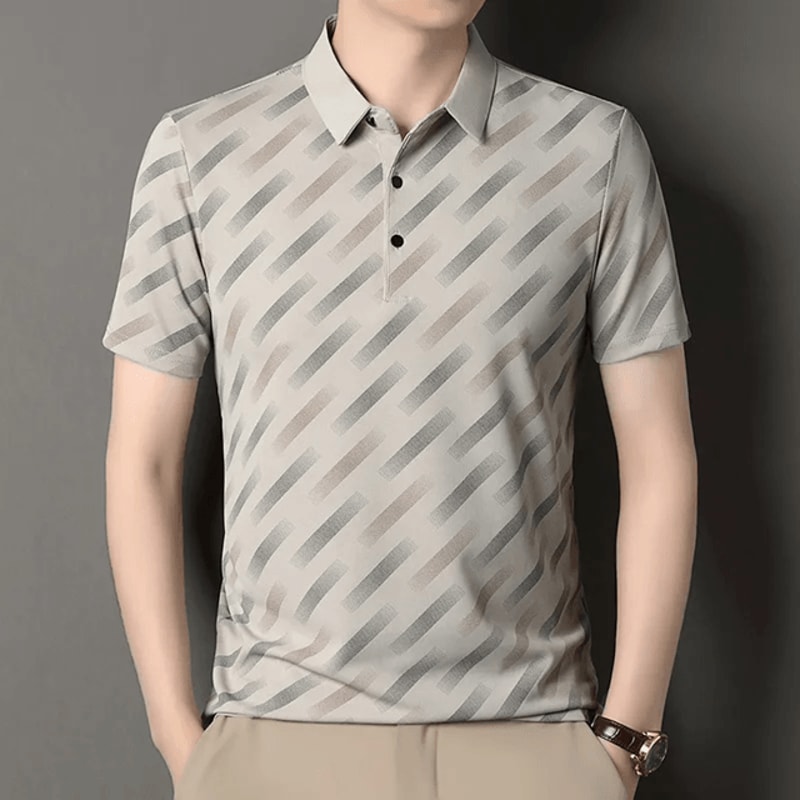 Mens Business Casual Printed Polo Shirt Short Sleeve Breathable Top 1