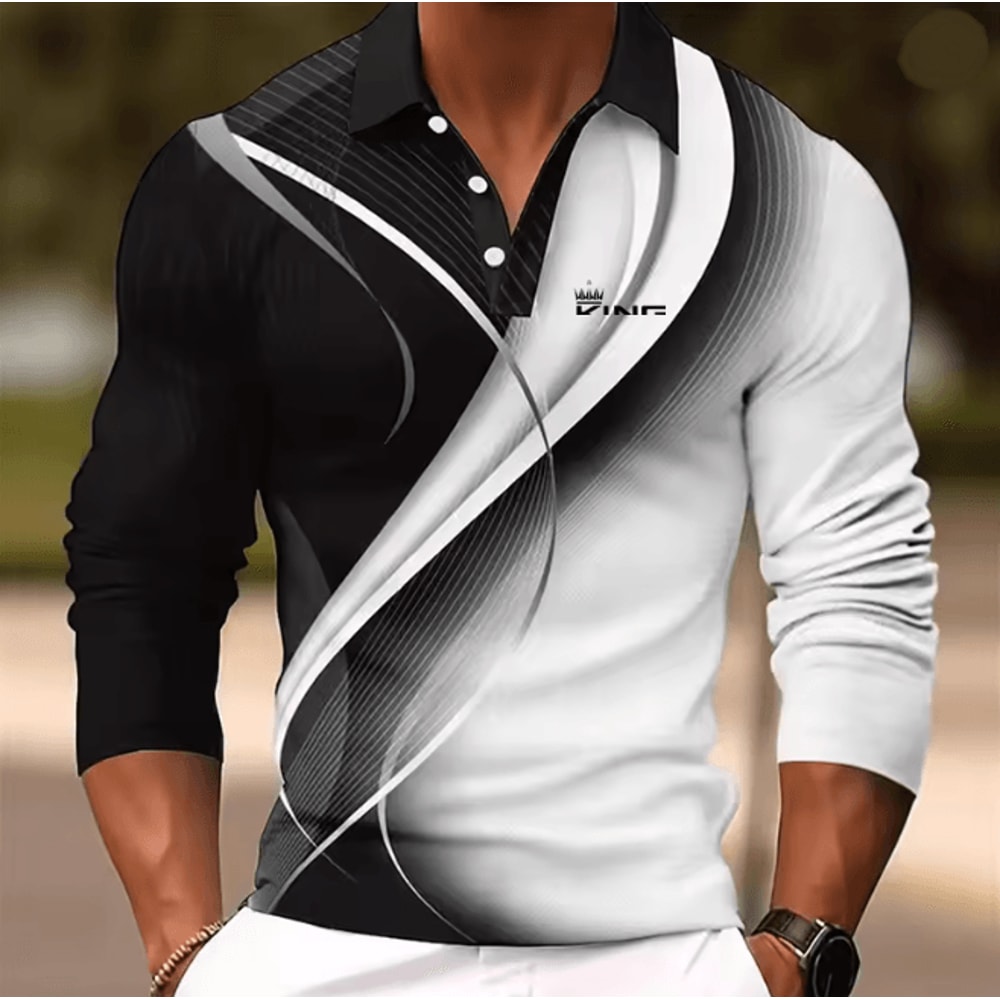 Mens Graphic Long Sleeve Polo Shirt Casual Statement Wear 1