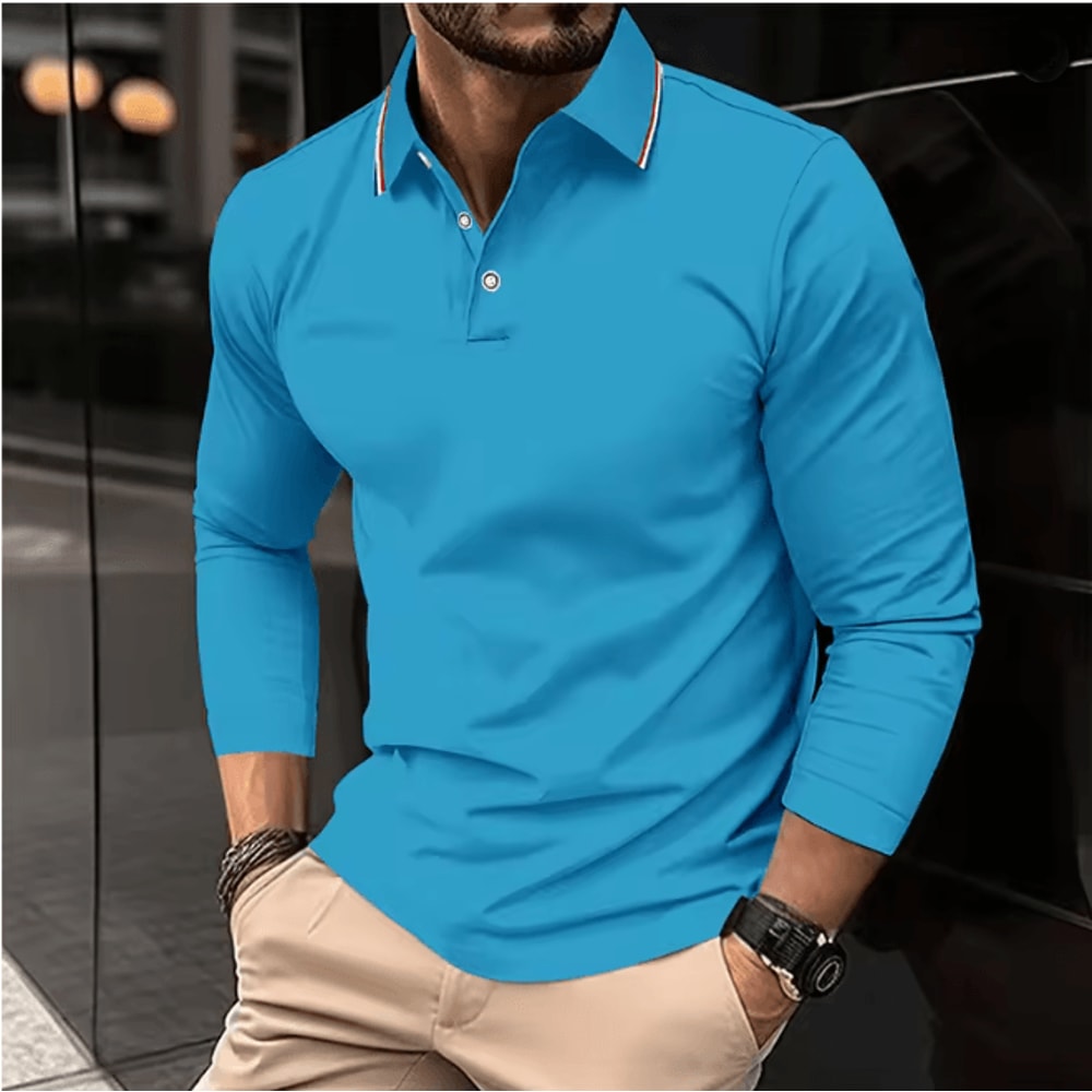 Mens Summer Long Sleeve Lapel Polo Shirt Breathable Casual Top 11