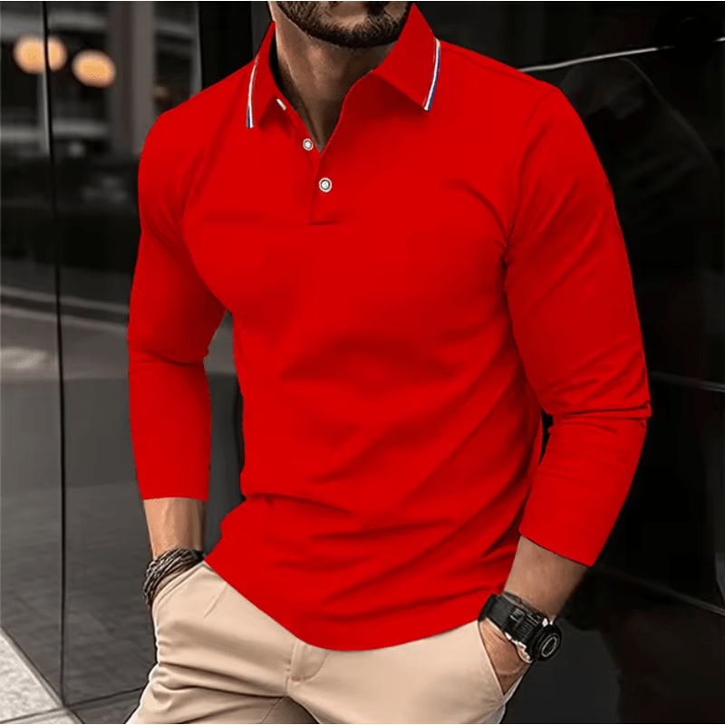Mens Summer Long Sleeve Lapel Polo Shirt Breathable Casual Top 1