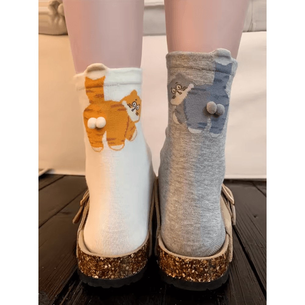 Cute Cat Print Mid Calf Socks Soft Breathable Casual Wear 0