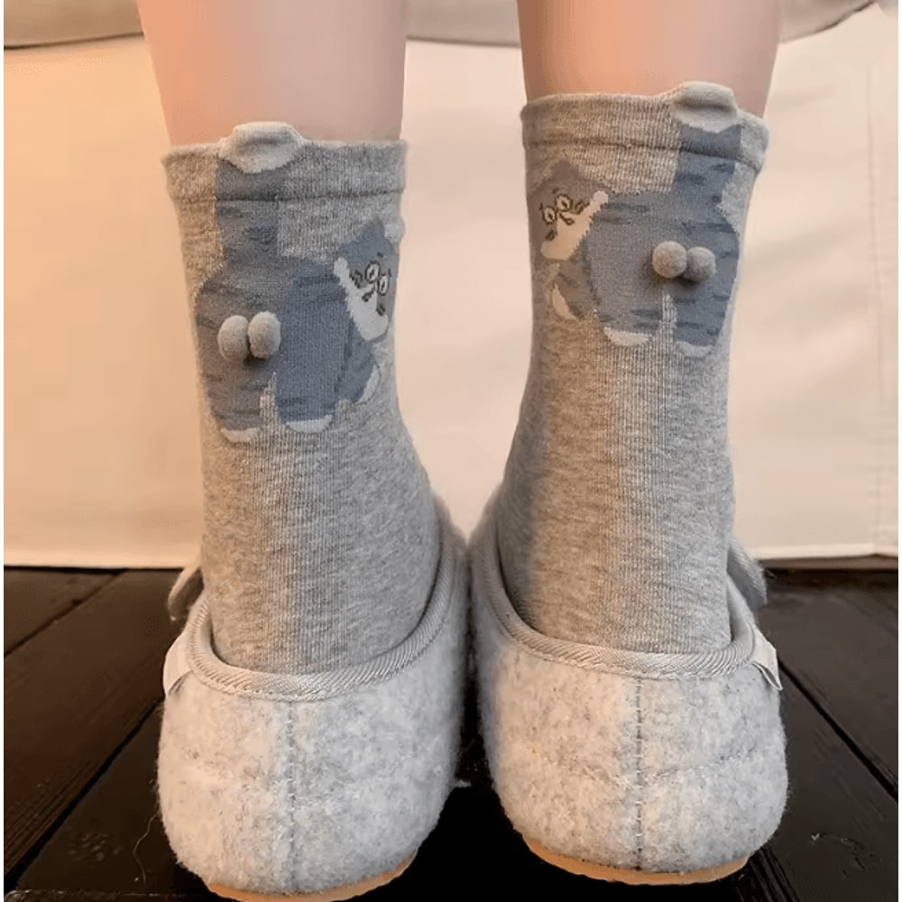 Cute Cat Print Mid Calf Socks Soft Breathable Casual Wear 5