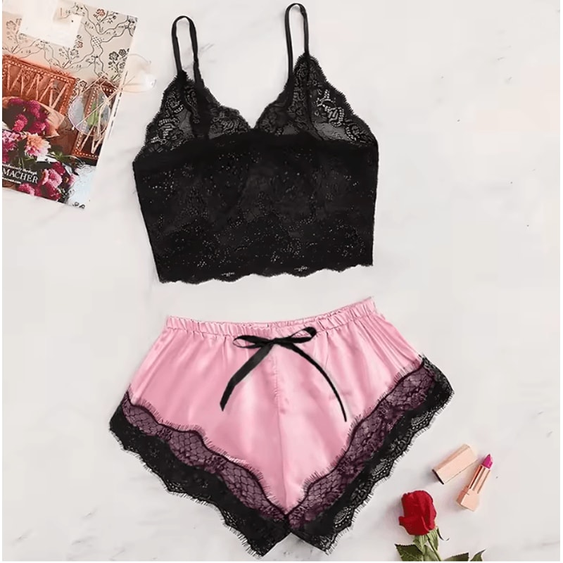 Womens Satin Pajama Set Lace Cami And Shorts Sleepwear 3