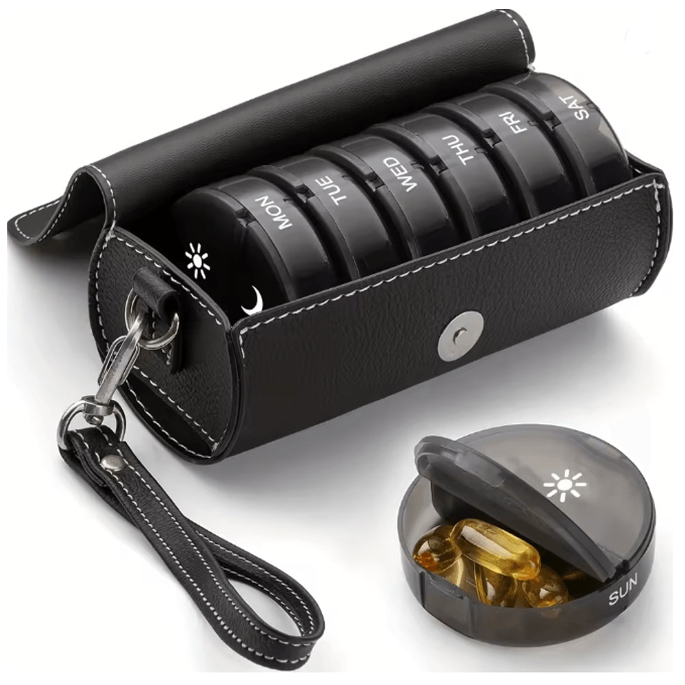 Weekly AM PM Pill Organizer With Leather Travel Case 0