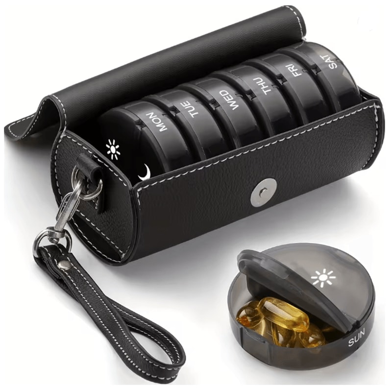 Weekly AM PM Pill Organizer With Leather Travel Case 0