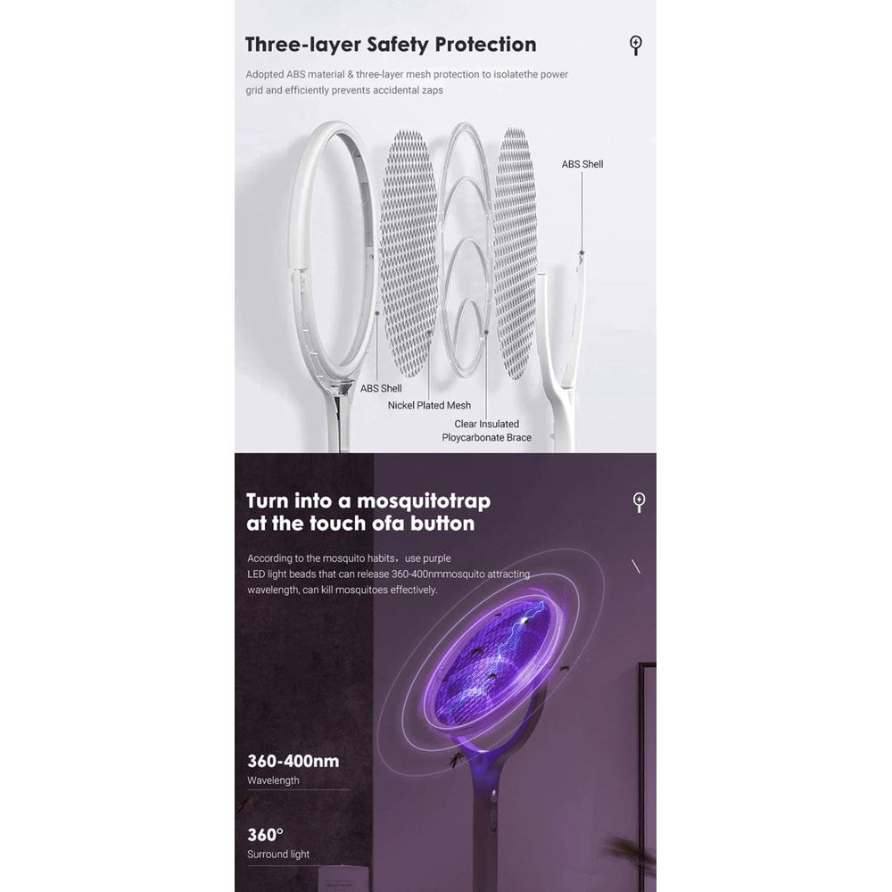 Rechargeable Electric Mosquito Swatter Bug Zapper Racket With LED Lamp 2