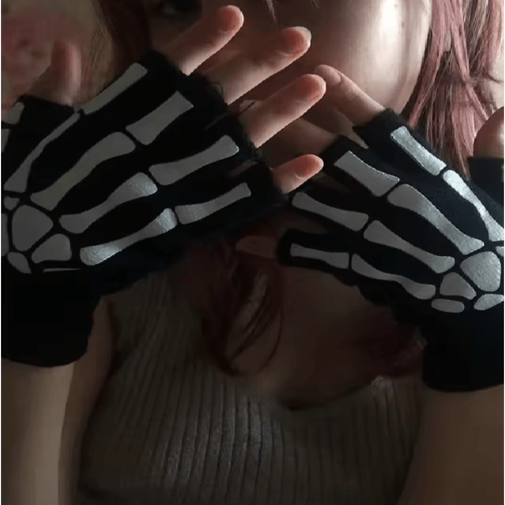 GlowSkull Halloween Skeleton Half Finger Gloves 2