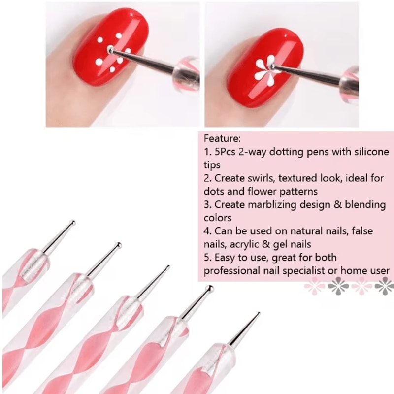 Two Way Nail Art Dotting Pen Set With Silicone Tips 5 Piece 2