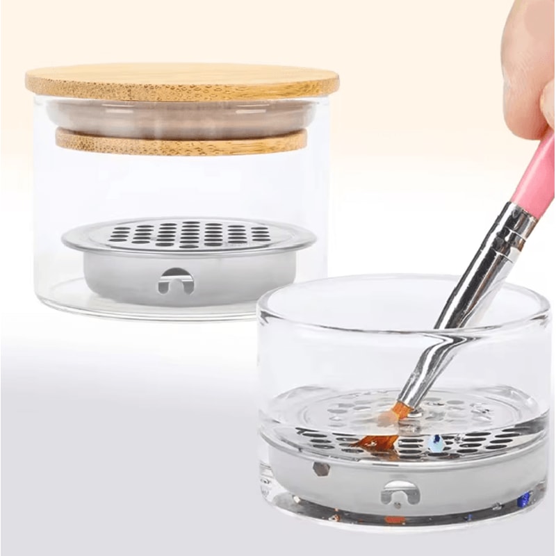Transparent Glass Nail Brush Cleaner Cup With Mesh Filter Storage Container 0