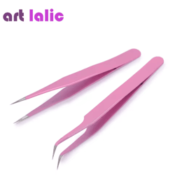 pink stainless steel tweezers set straight and curved precision tools 2 piece