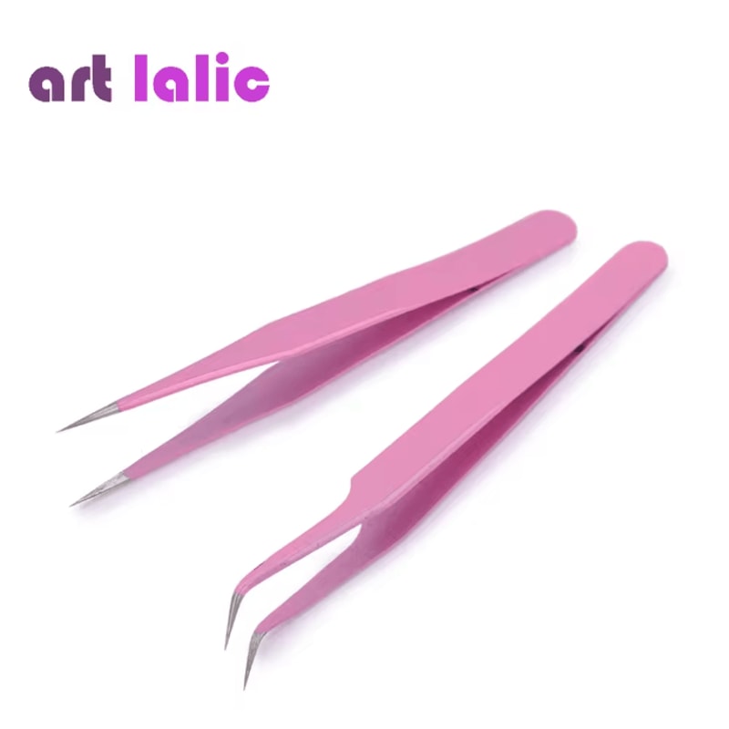 Pink Stainless Steel Tweezers Set Straight And Curved Precision Tools 2 Piece 0