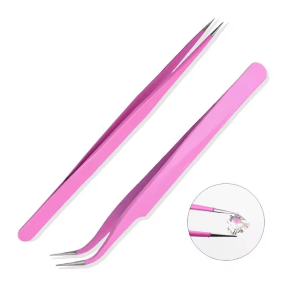 Pink Stainless Steel Tweezers Set Straight And Curved Precision Tools 2 Piece 1
