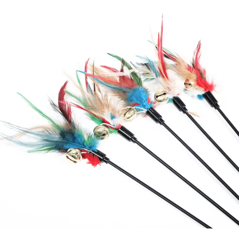 5 Piece Cat Wand Toy Set Interactive Feather Cat Toys With Bell 0