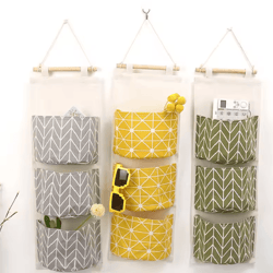 three pocket hanging wall storage organizer cotton linen bag