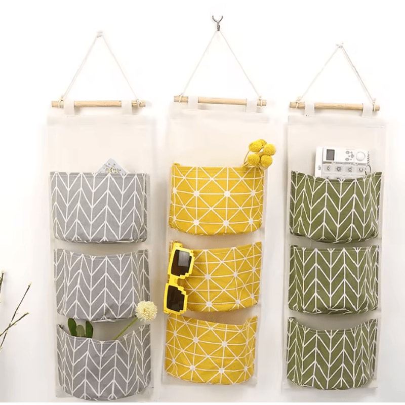 Three Pocket Hanging Wall Storage Organizer Cotton Linen Bag 0