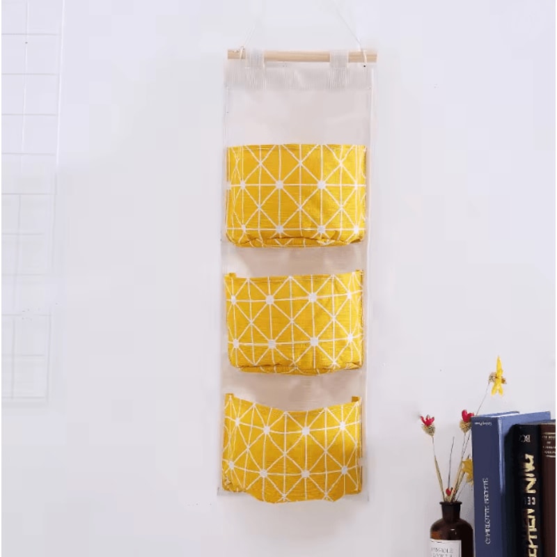 Three Pocket Hanging Wall Storage Organizer Cotton Linen Bag 4