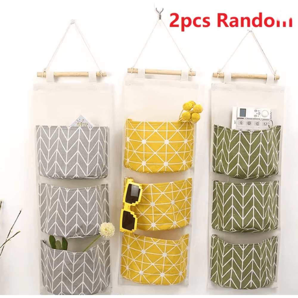 Three Pocket Hanging Wall Storage Organizer Cotton Linen Bag 5