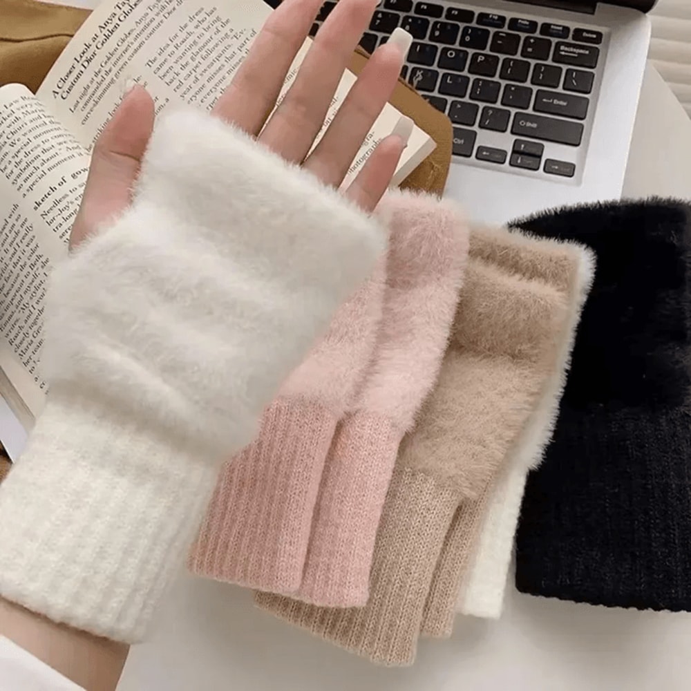 Womens Mink Fleece Fingerless Gloves Soft Warm Winter 0
