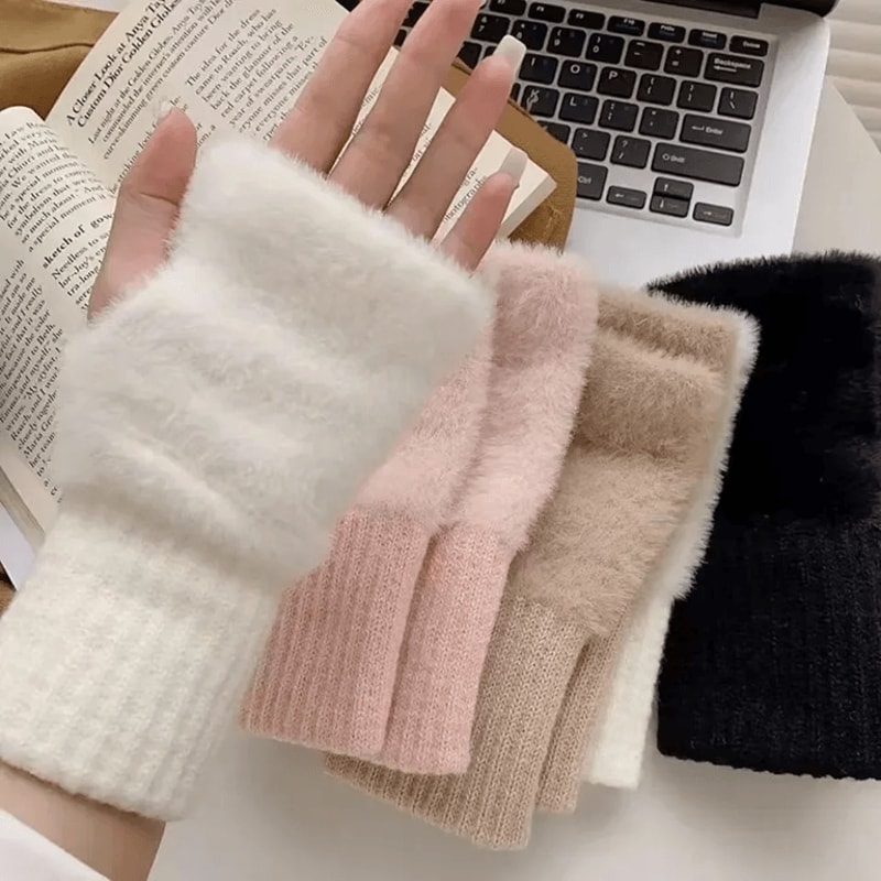 Womens Mink Fleece Fingerless Gloves Soft Warm Winter 0