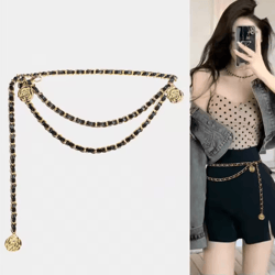 elegant metal waist chain belt with flower pendant for women