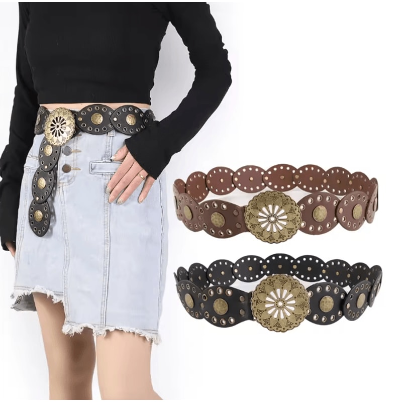 Retro Western Cowboy Wide Belt With Hollow Metal Buckle For Women 1