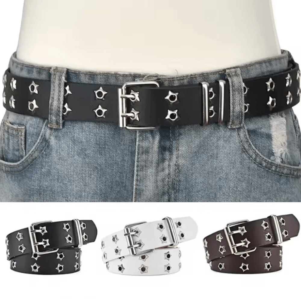 Star Rivet Goth Punk PU Leather Belt Double Pin Buckle Y2K Waistband 1