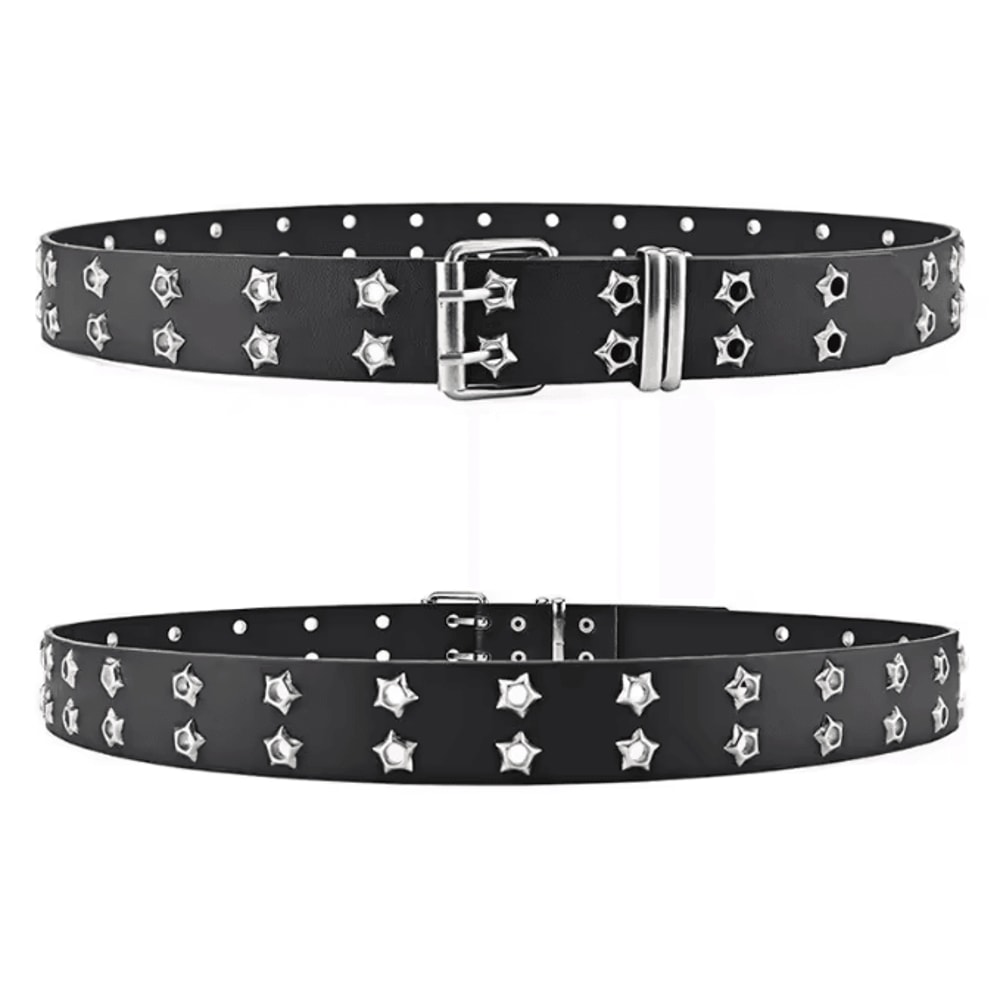 Star Rivet Goth Punk PU Leather Belt Double Pin Buckle Y2K Waistband 2