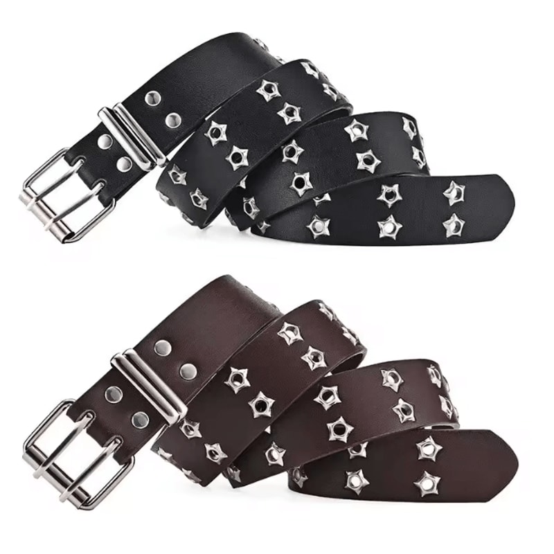 Star Rivet Goth Punk PU Leather Belt Double Pin Buckle Y2K Waistband 3