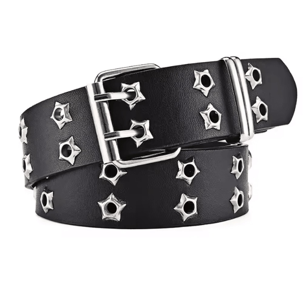 Star Rivet Goth Punk PU Leather Belt Double Pin Buckle Y2K Waistband 6