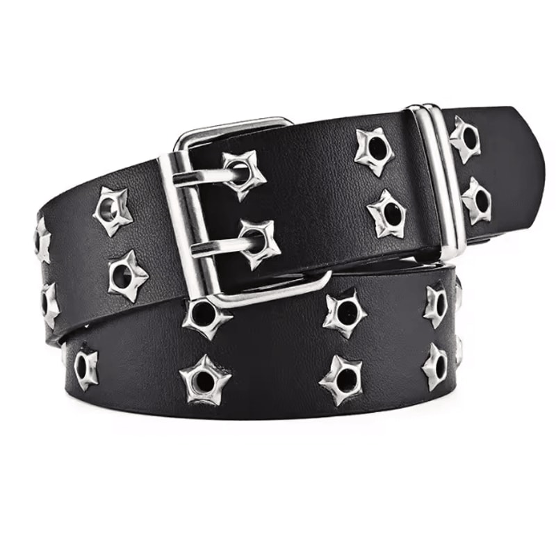 Star Rivet Goth Punk PU Leather Belt Double Pin Buckle Y2K Waistband 6