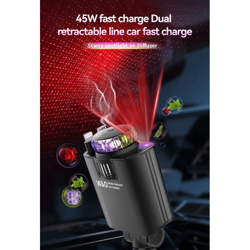 5 In 1 PD45W Car Fast Charger Retractable USB C Power Adapter With Ambient Light 0