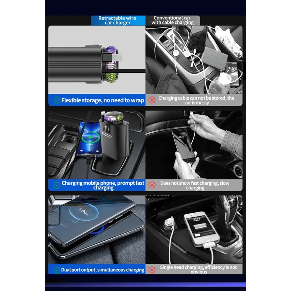 5 In 1 PD45W Car Fast Charger Retractable USB C Power Adapter With Ambient Light 3