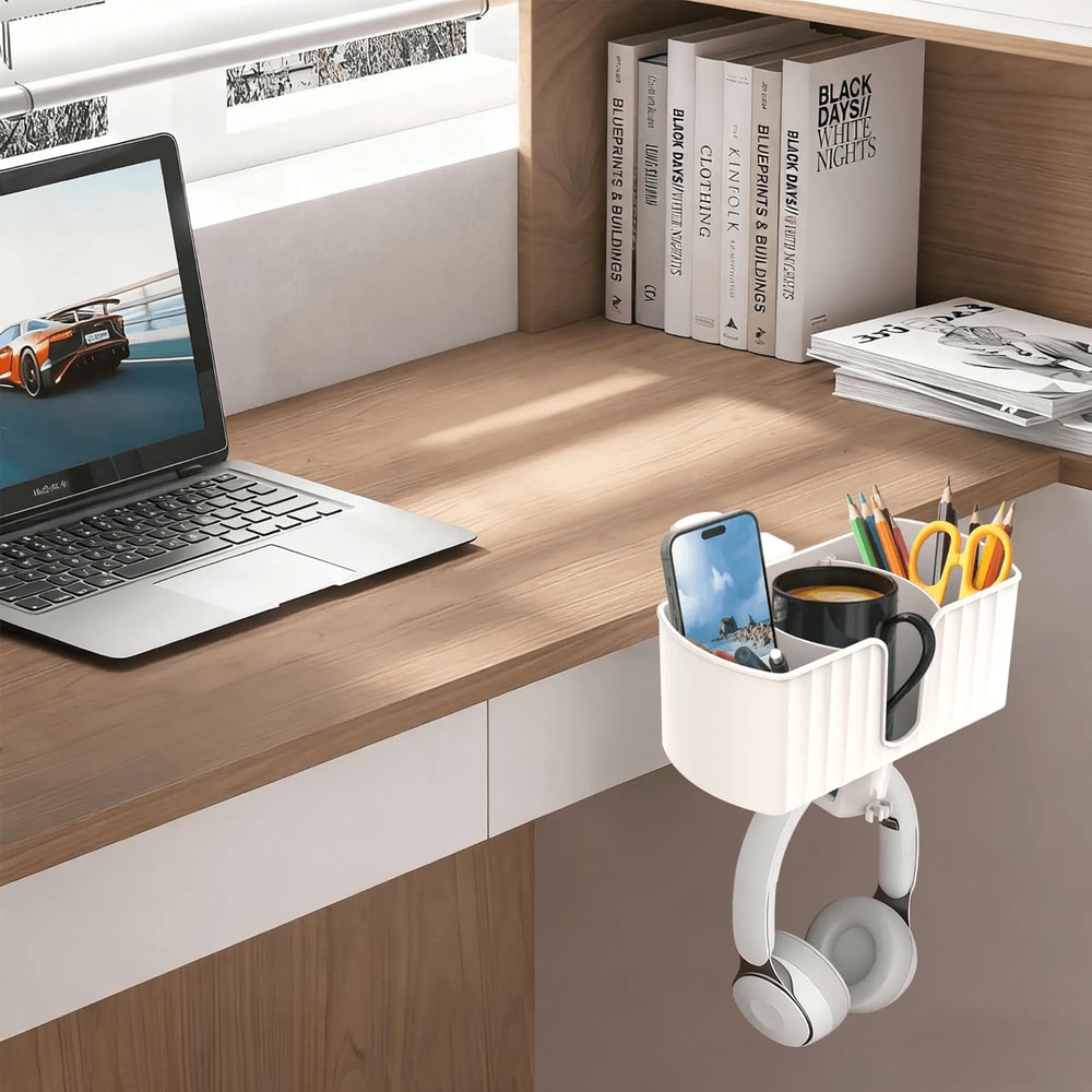 4 In 1 Under Desk Headphone Hanger Clamp With Cup Holder And Pen Storage 2
