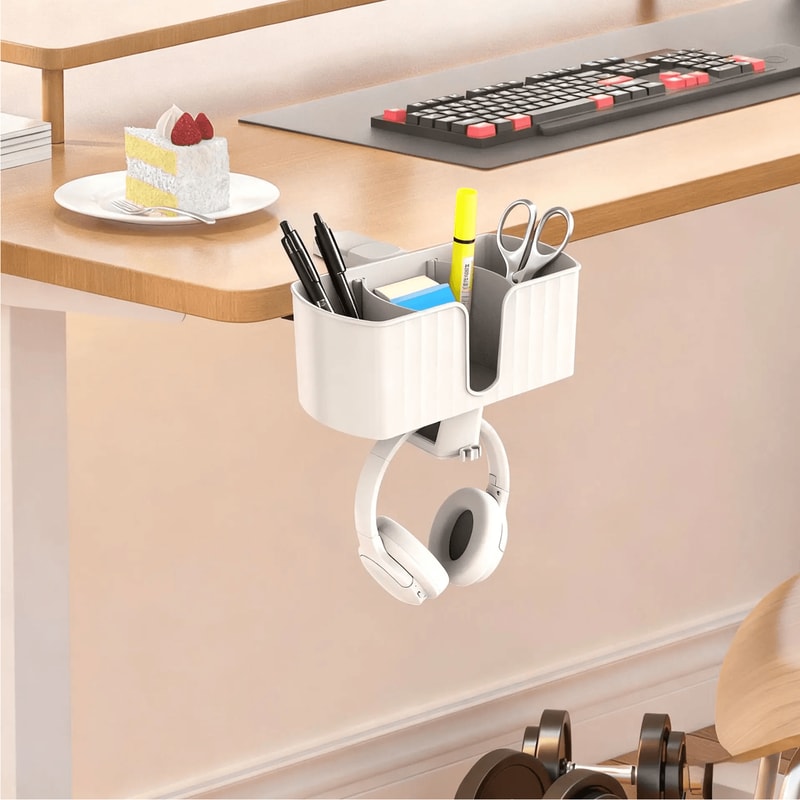 4 In 1 Under Desk Headphone Hanger Clamp With Cup Holder And Pen Storage 3