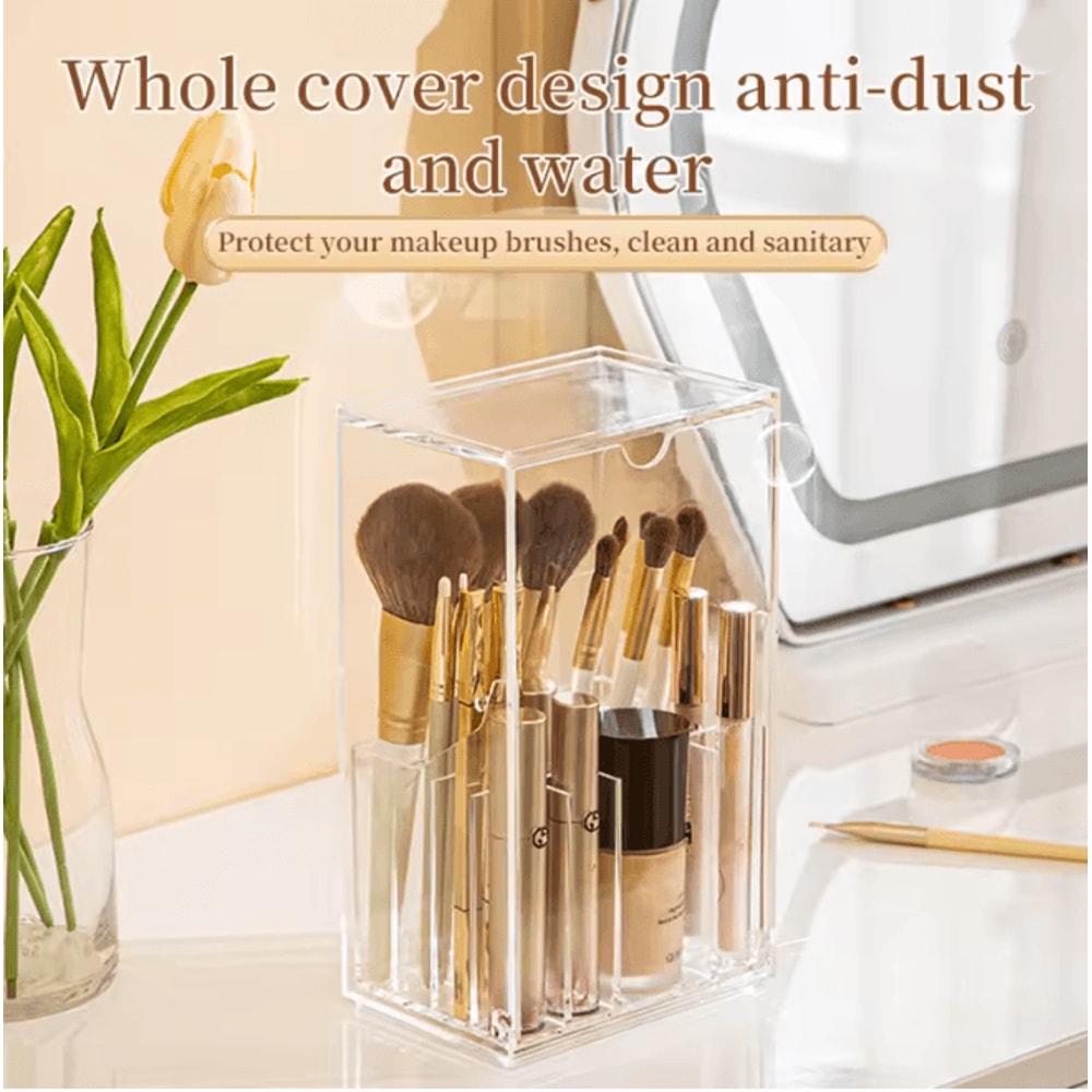 Clear Makeup Brush Holder With Lid Large Capacity Vanity Organizer 2