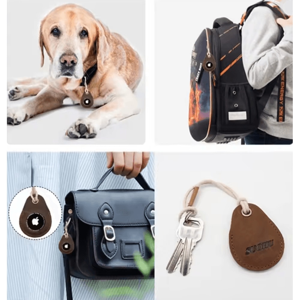 Genuine Leather AirTag Case With Keychain Protective Holder For Keys And Luggage 3