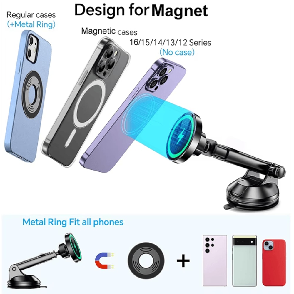 Magnetic Wireless Car Charger 15W Dashboard Phone Holder Mount 3