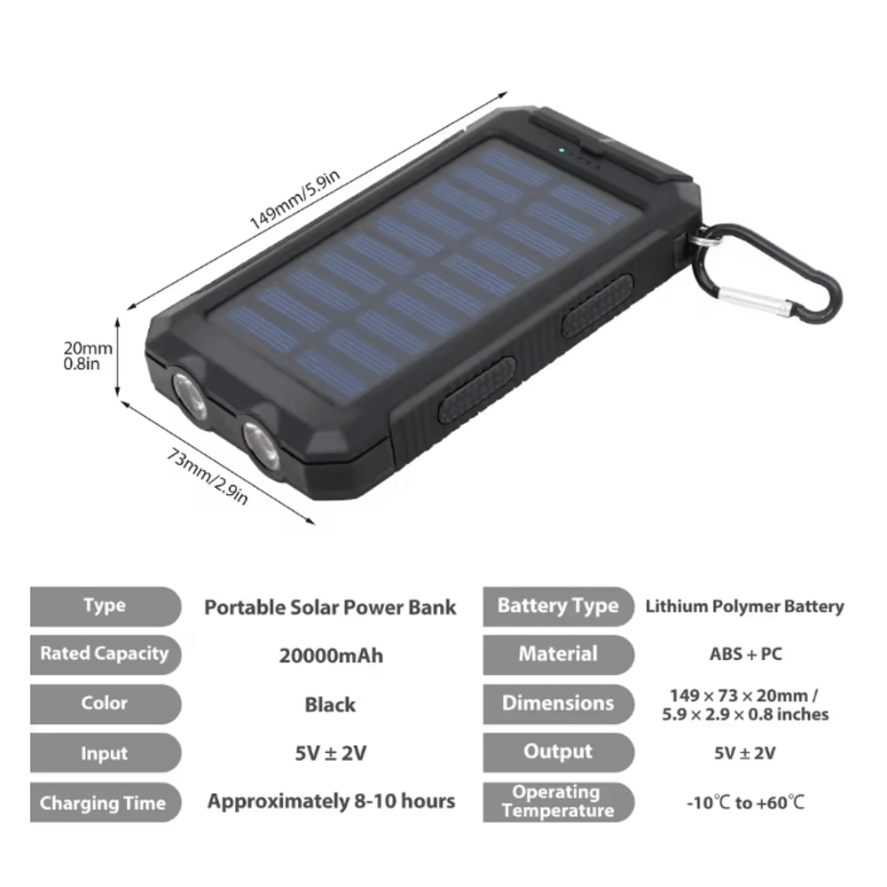 20000mAh Solar Power Bank Waterproof Portable Charger For Outdoor Use 6
