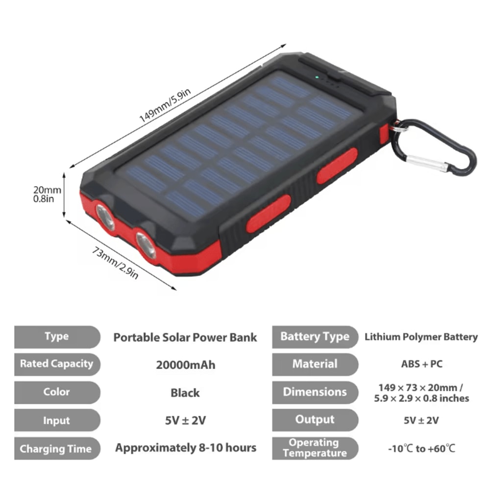 20000mAh Solar Power Bank Waterproof Portable Charger For Outdoor Use 8