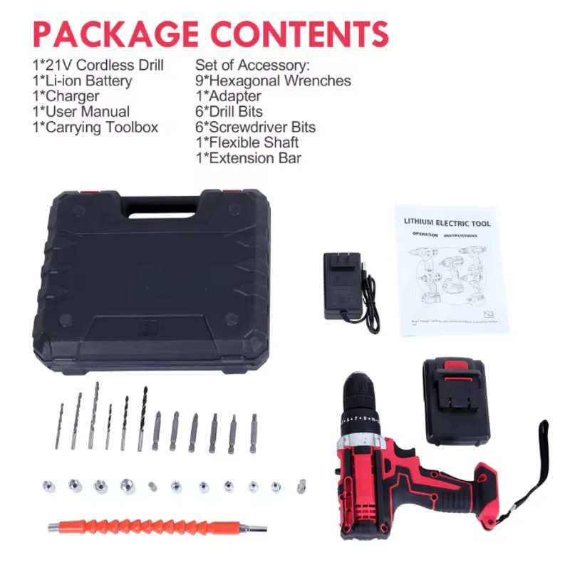 Cordless Drill Set 21V Electric Power Screwdriver Kit With Battery And Accessories 2