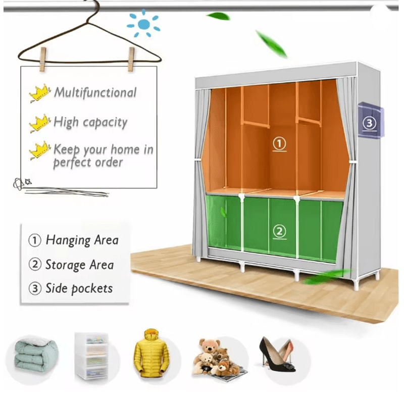 Portable Closet Wardrobe Organizer Storage Rack With Fabric Cover 2