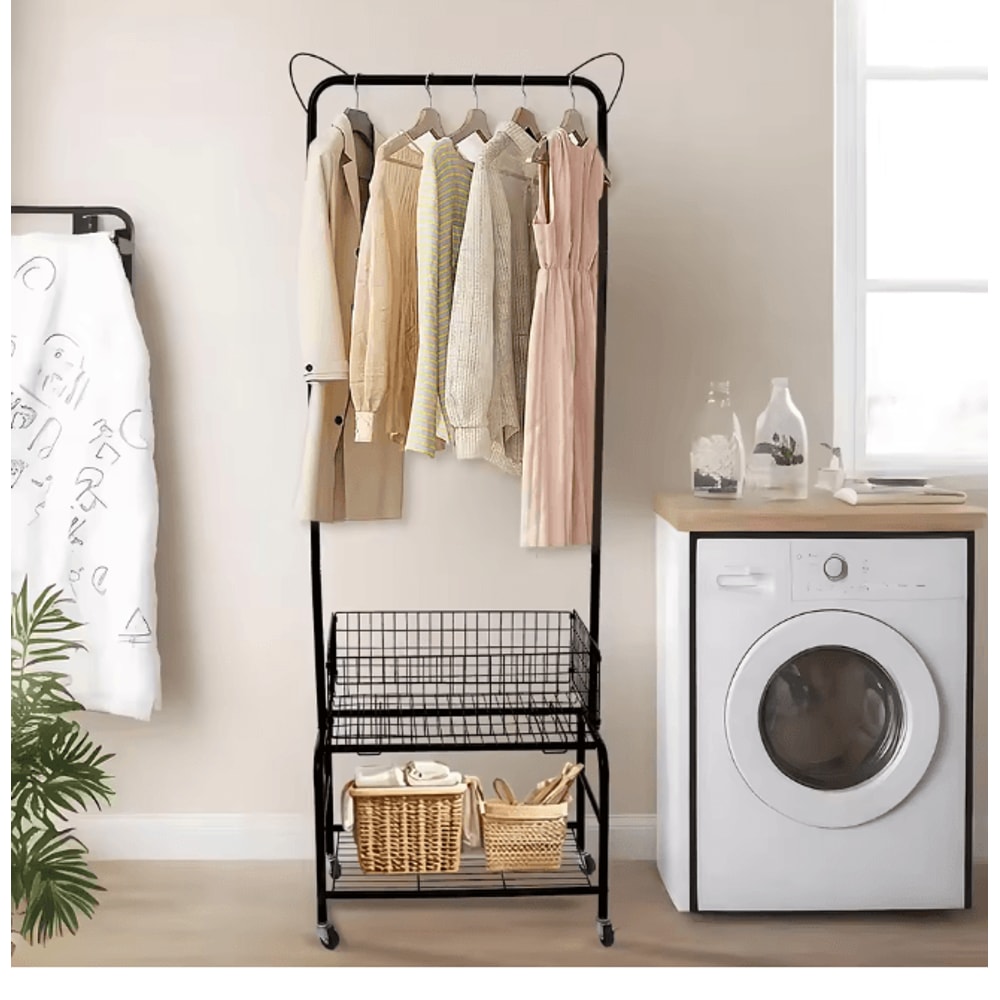 Rolling Metal Garment Rack With Basket Shelf Foldable Clothes And Shoe Organizer 2