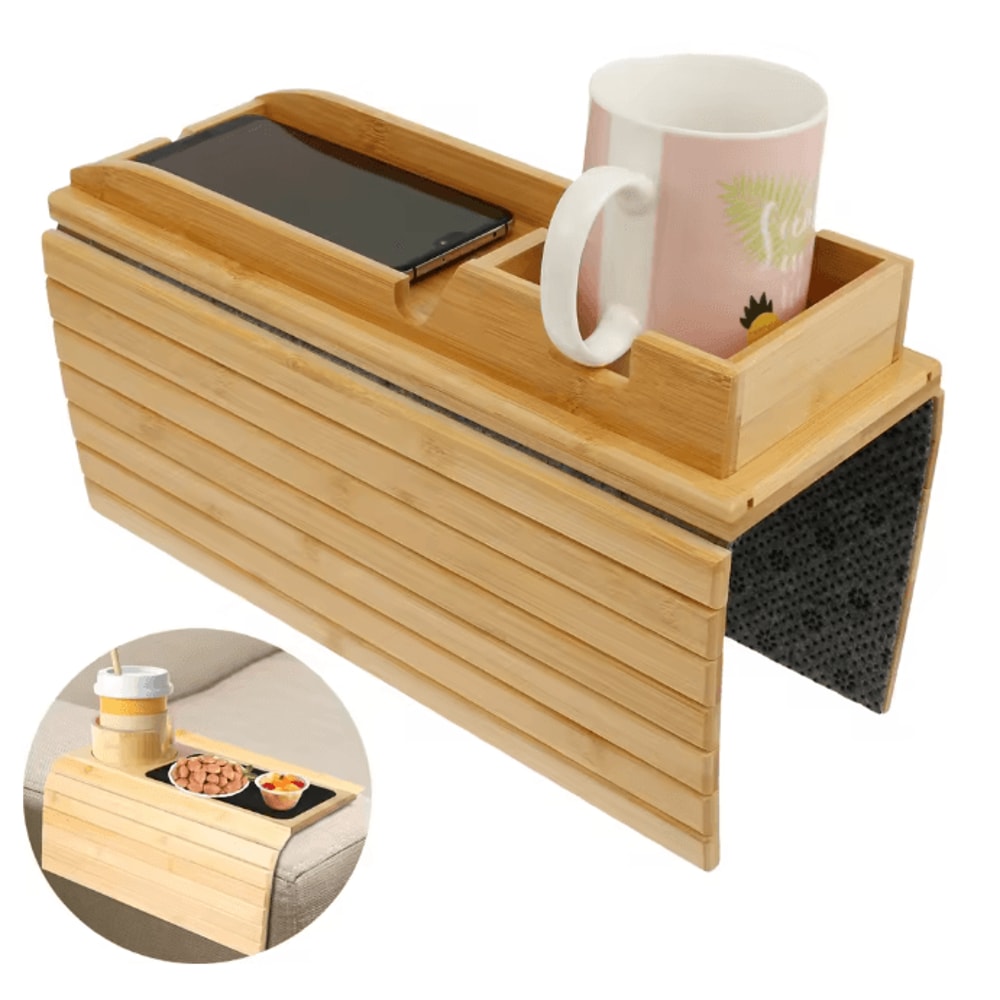 BambooGrip Couch Cup Holder Sofa Armrest Tray Anti Slip Foldable Organizer 0