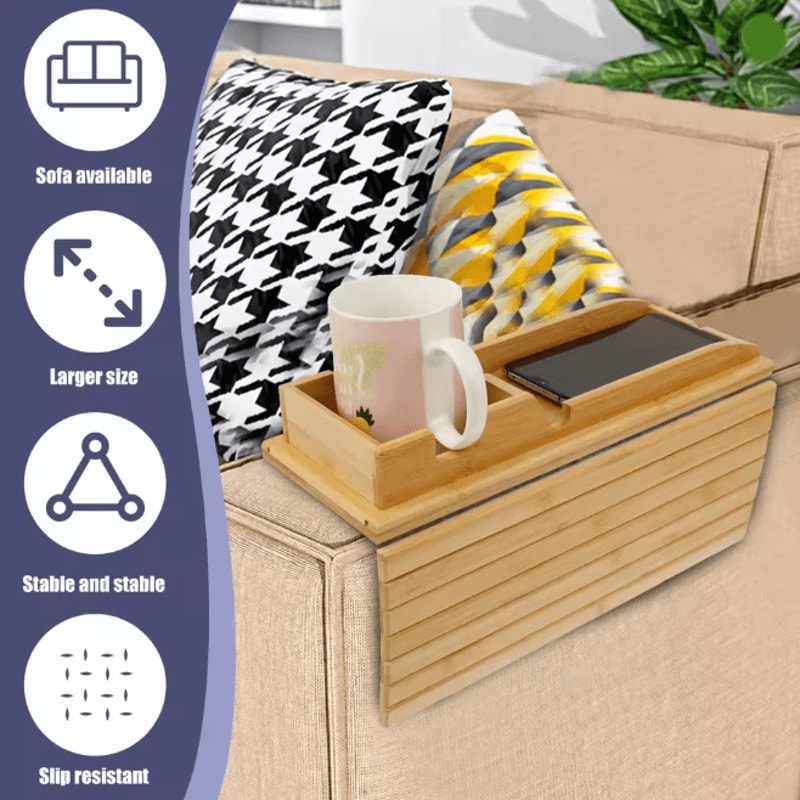 BambooGrip Couch Cup Holder Sofa Armrest Tray Anti Slip Foldable Organizer 2