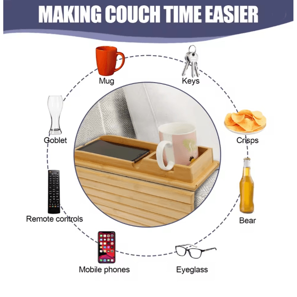 BambooGrip Couch Cup Holder Sofa Armrest Tray Anti Slip Foldable Organizer 3