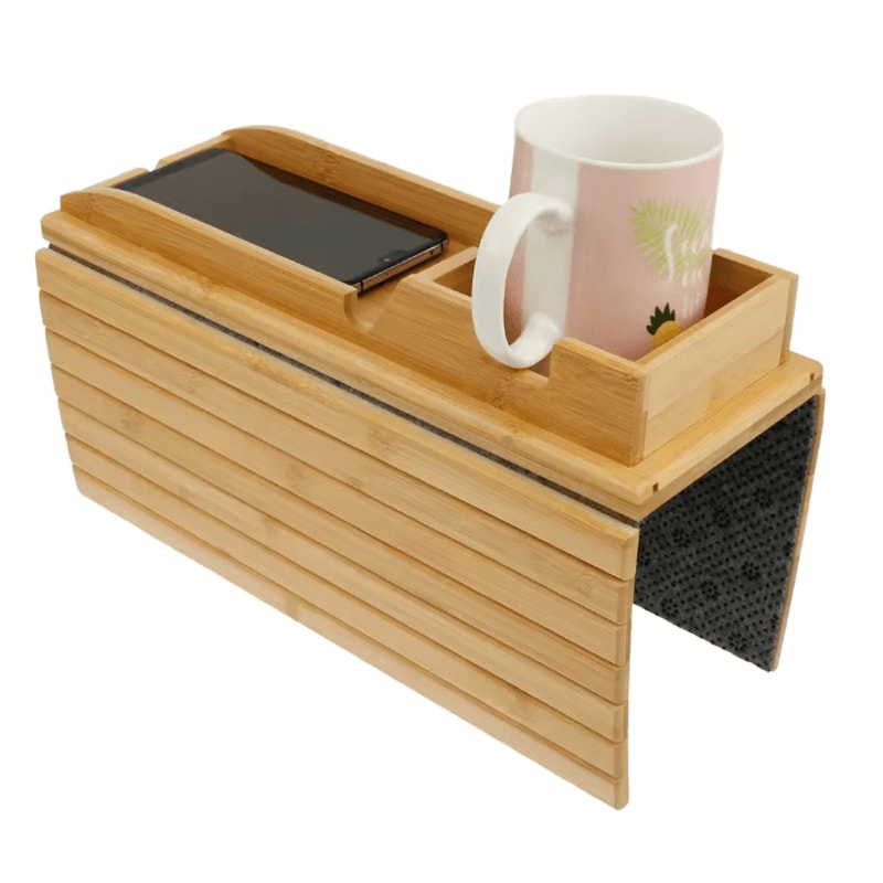 BambooGrip Couch Cup Holder Sofa Armrest Tray Anti Slip Foldable Organizer 5