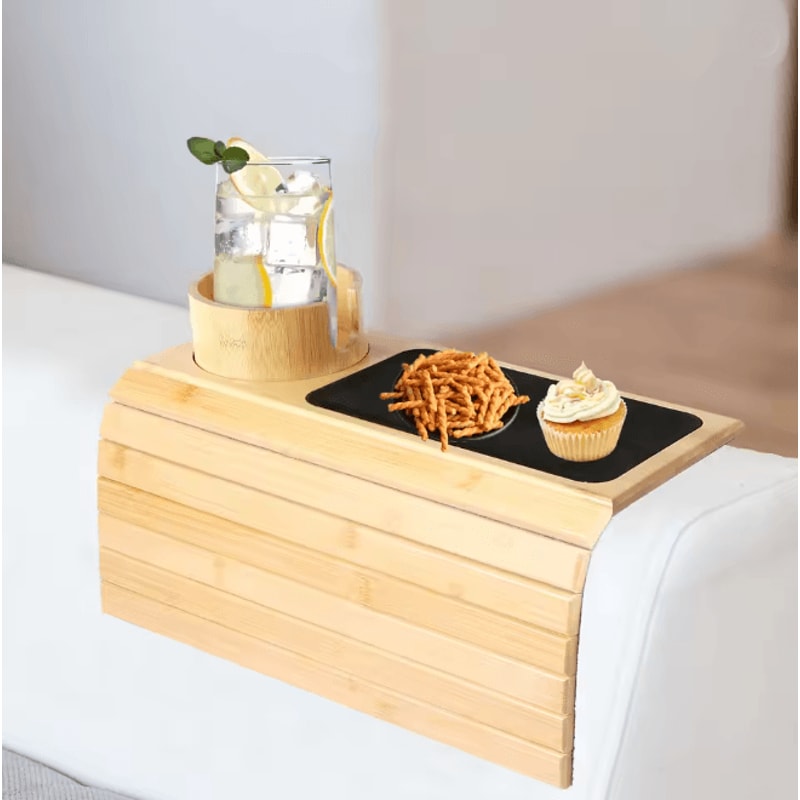 BambooGrip Couch Cup Holder Sofa Armrest Tray Anti Slip Foldable Organizer 6