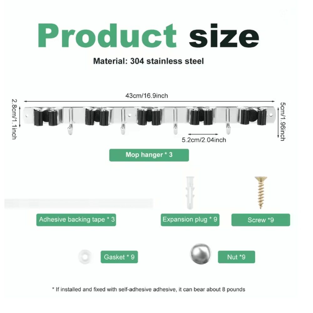 SteelHold Wall Mounted Mop And Broom Organizer Stainless Steel Holder 6