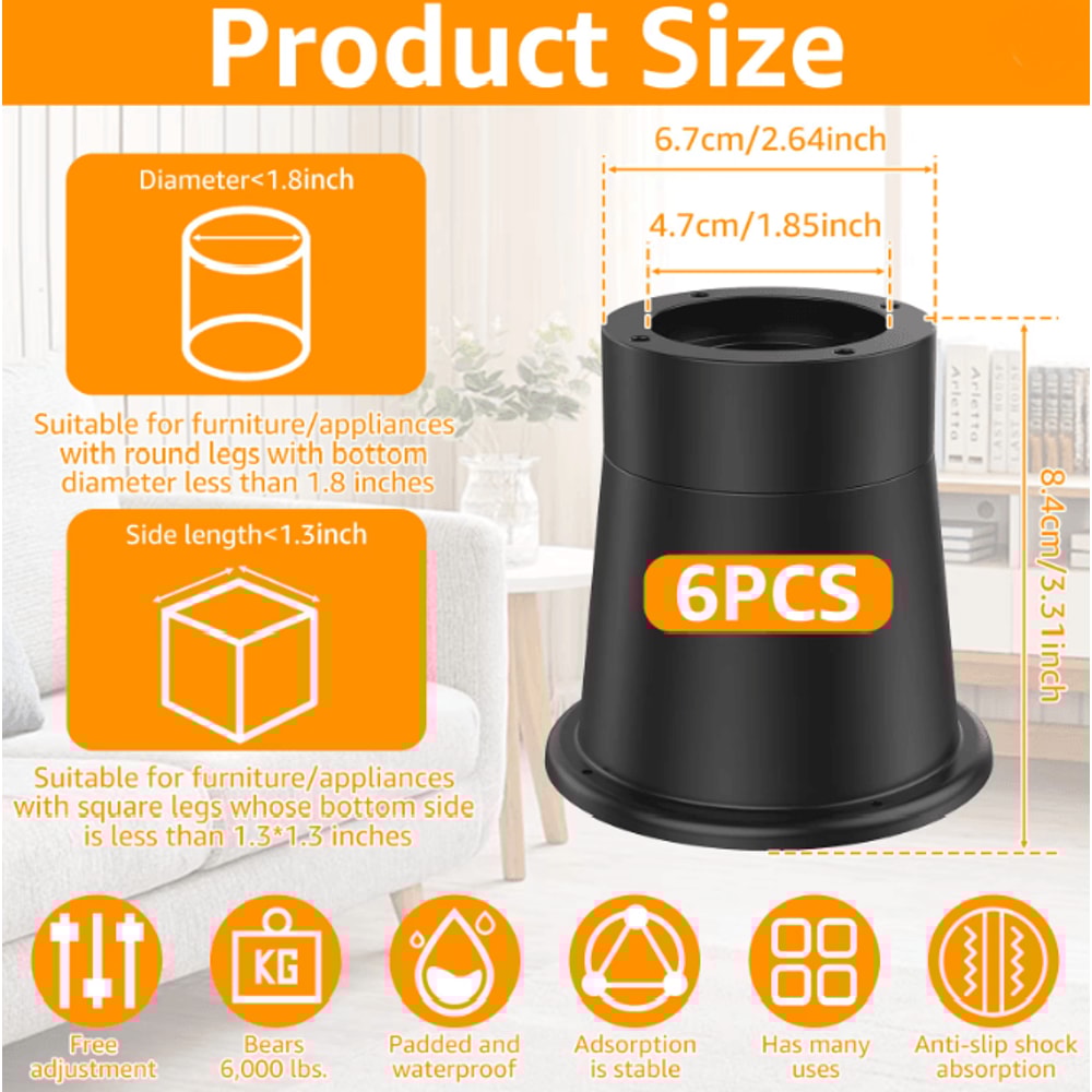 LiftPro Heavy Duty Furniture Risers Rubber Sofa Bed Cabinet Feet Set 3