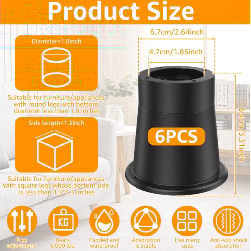 LiftPro Heavy Duty Furniture Risers Rubber Sofa Bed Cabinet Feet Set 3